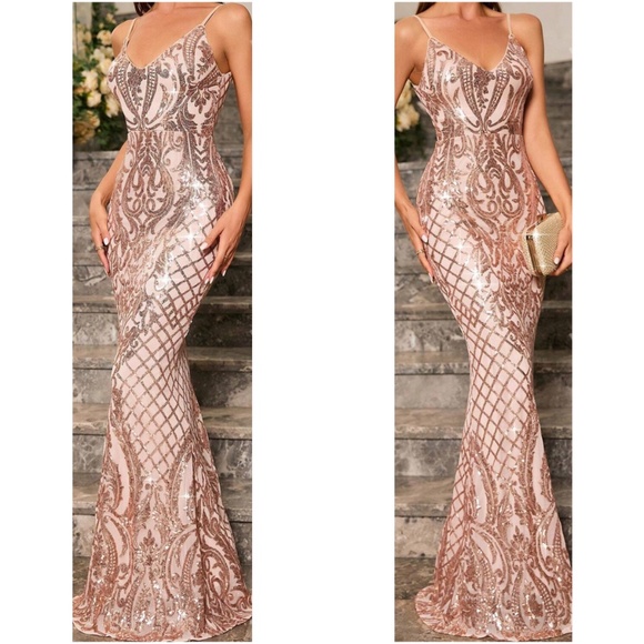 Luxe Sequin Fitted Cami Party Evening Prom Wedding Dress - Picture 2 of 3